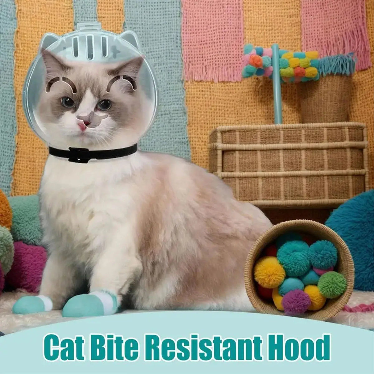 1Set Cat Muzzle Pet Grooming Cover Accessory Cat Anti Bite Anti Licking Space Hood Breathable Helmet with 4 Silicone Paw Shoes - Lily.sg Global Shopping