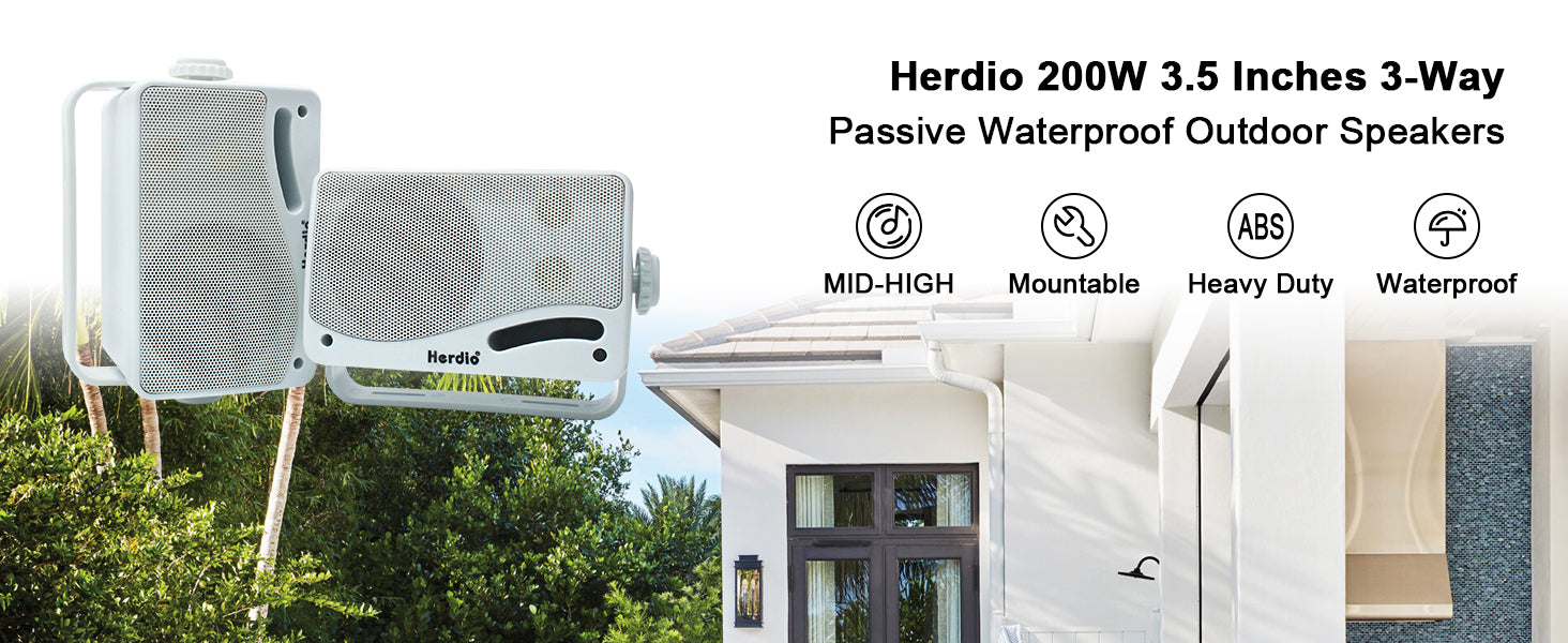 Herdio 3.5‘’ 2PCS Passive Outdoor Speakers Wired Waterproof 200W 3 Way Premium Mountable Wall Mount Speakers With Superior Sound