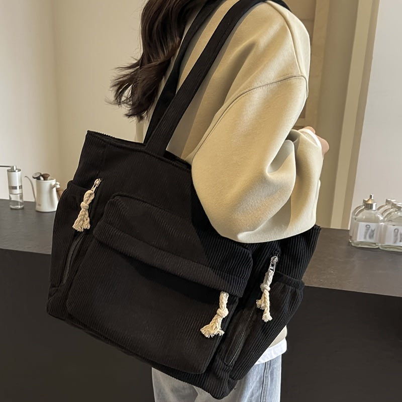 Travel Master Corduroy Shoulder Bag Casual Solid Color with Multiple Pocket Tote Bag For Women