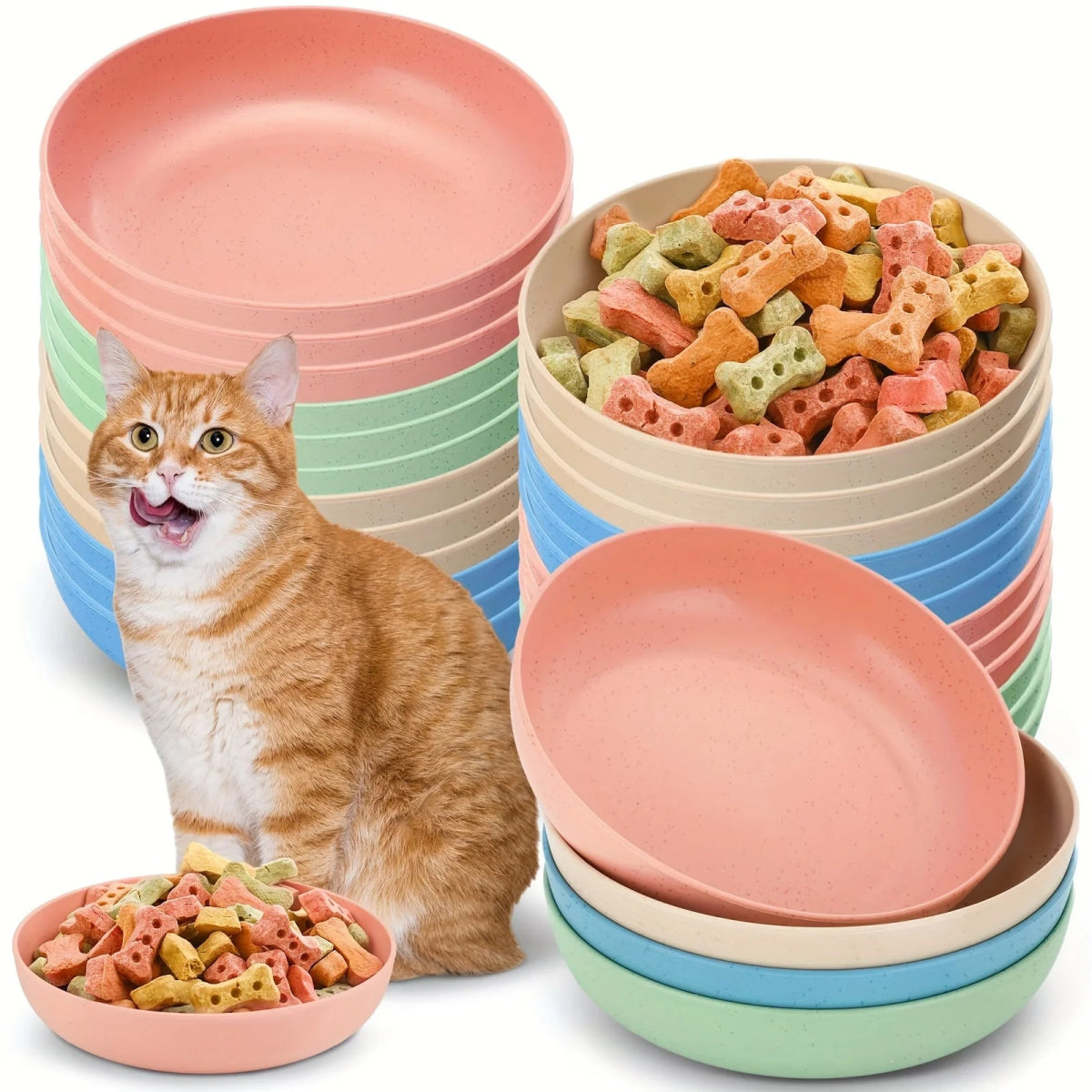 4pcs Cat Bowls, 13.97 Cm Wide Shallow Pet Food & Water Dishes, Plastic Non - Slip Colorful Feeding Plates For Small Cats, Kittens, - Lily.sg Global Shopping