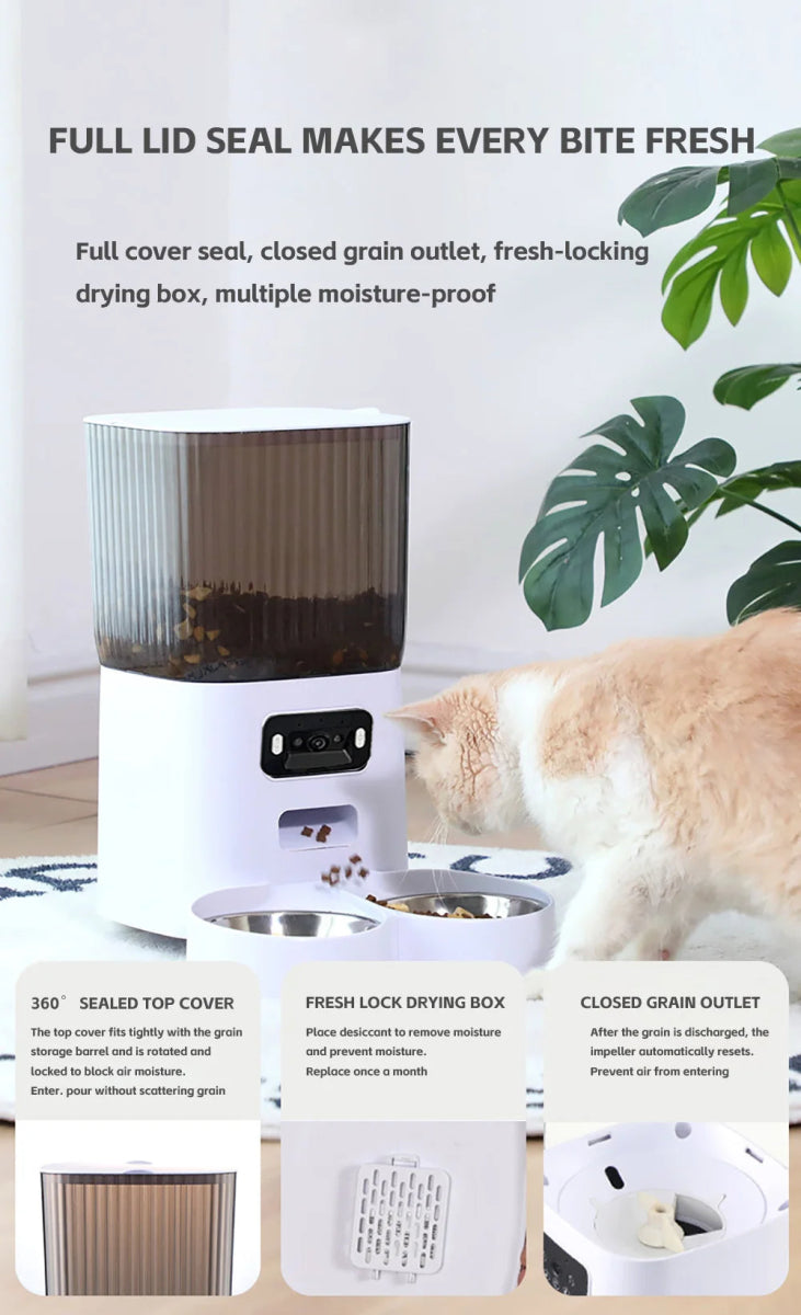 5L Pet Feeder with Camera Automatic Cat Feeder Smart Dog Food Dispenser WiFi Timing Stainless Steel Feeding Bowl（No 5V 2A Plug） - Lily.sg Global Shopping