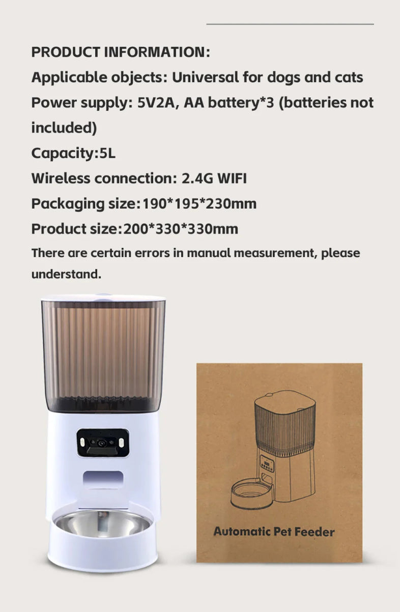 5L Pet Feeder with Camera Automatic Cat Feeder Smart Dog Food Dispenser WiFi Timing Stainless Steel Feeding Bowl（No 5V 2A Plug） - Lily.sg Global Shopping