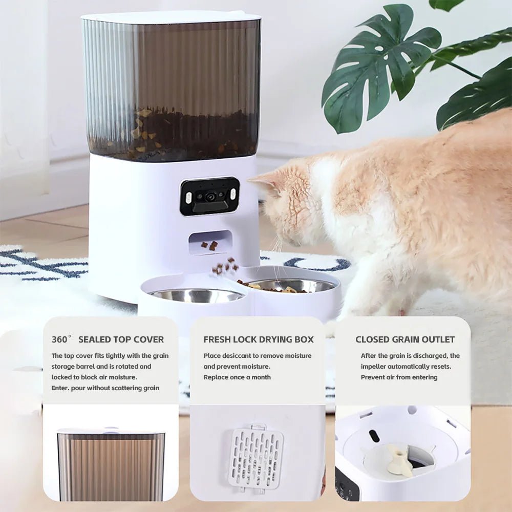5L Pet Feeder with Camera Automatic Cat Feeder Smart Dog Food Dispenser WiFi Timing Stainless Steel Feeding Bowl（No 5V 2A Plug） - Lily.sg Global Shopping