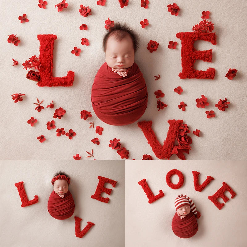 KD Newborn Photography Props Red LOVE Theme Photo Set Stretch Wrap Artificial Flower Baby Shoot Decoration Studio Accessories