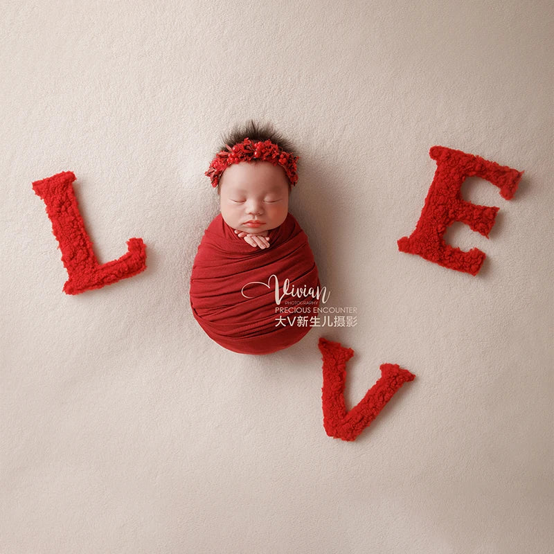 KD Newborn Photography Props Red LOVE Theme Photo Set Stretch Wrap Artificial Flower Baby Shoot Decoration Studio Accessories