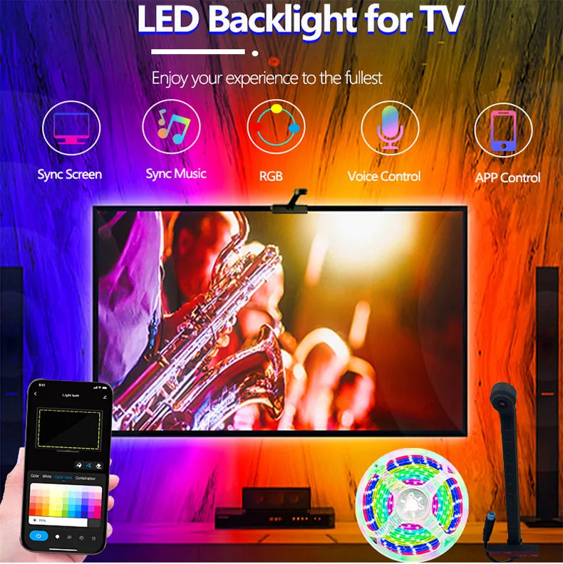RGBIC LED TV Backlight Strip with Camera App Control Music Sync Smart Lights for Gaming Room 55-75inch Ambient Lighting