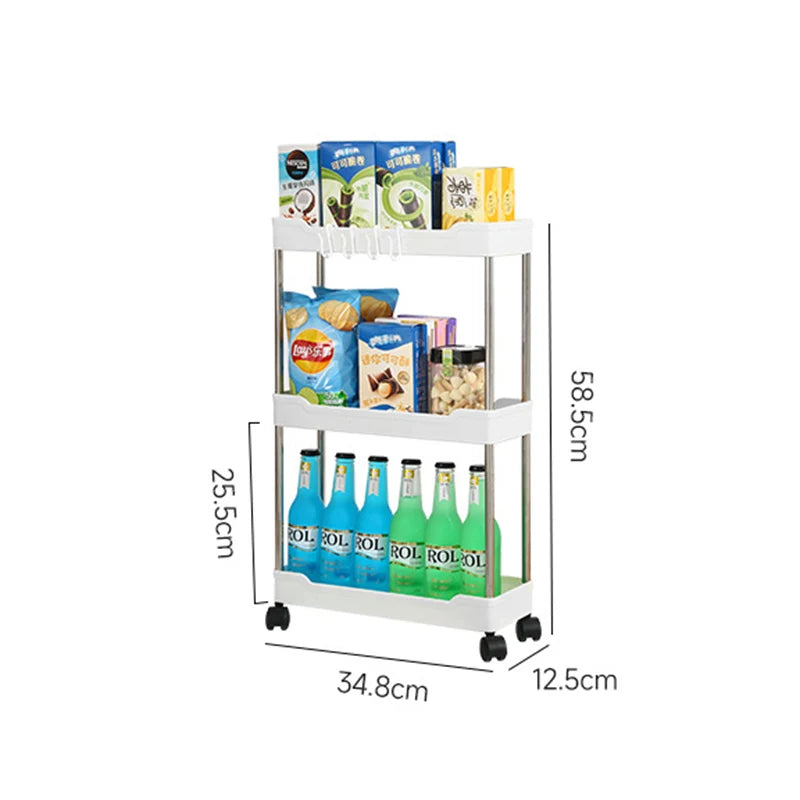 3-layer Ultra-thin Rolling Storage Cart Multi-function Storage Rack With Sliding Shelves Kitchen Bathroom Floor Mounted