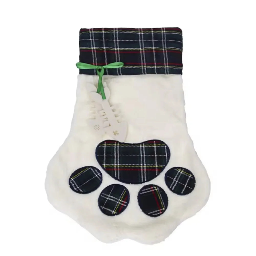 Christmas Socks New Year Decorations Buffalo Plaid Pet Stockings for Cats and Dogs Paw Pattern Hanging Pendant Toy Doll Gifts