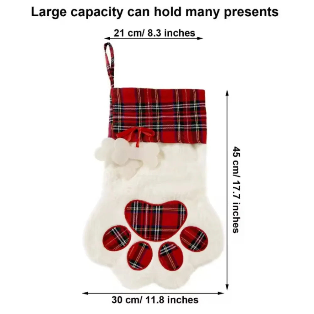Christmas Socks New Year Decorations Buffalo Plaid Pet Stockings for Cats and Dogs Paw Pattern Hanging Pendant Toy Doll Gifts