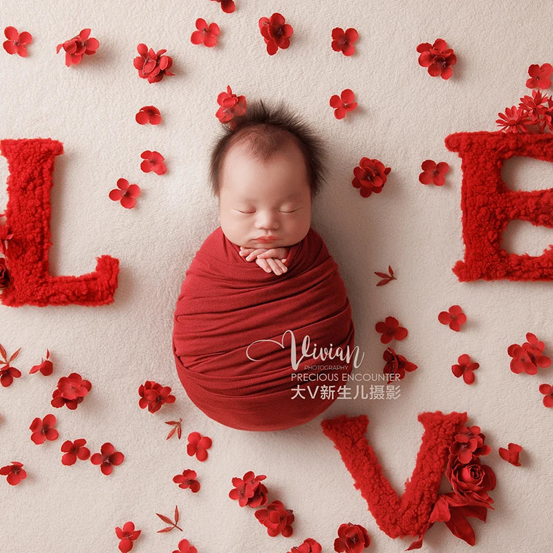 KD Newborn Photography Props Red LOVE Theme Photo Set Stretch Wrap Artificial Flower Baby Shoot Decoration Studio Accessories