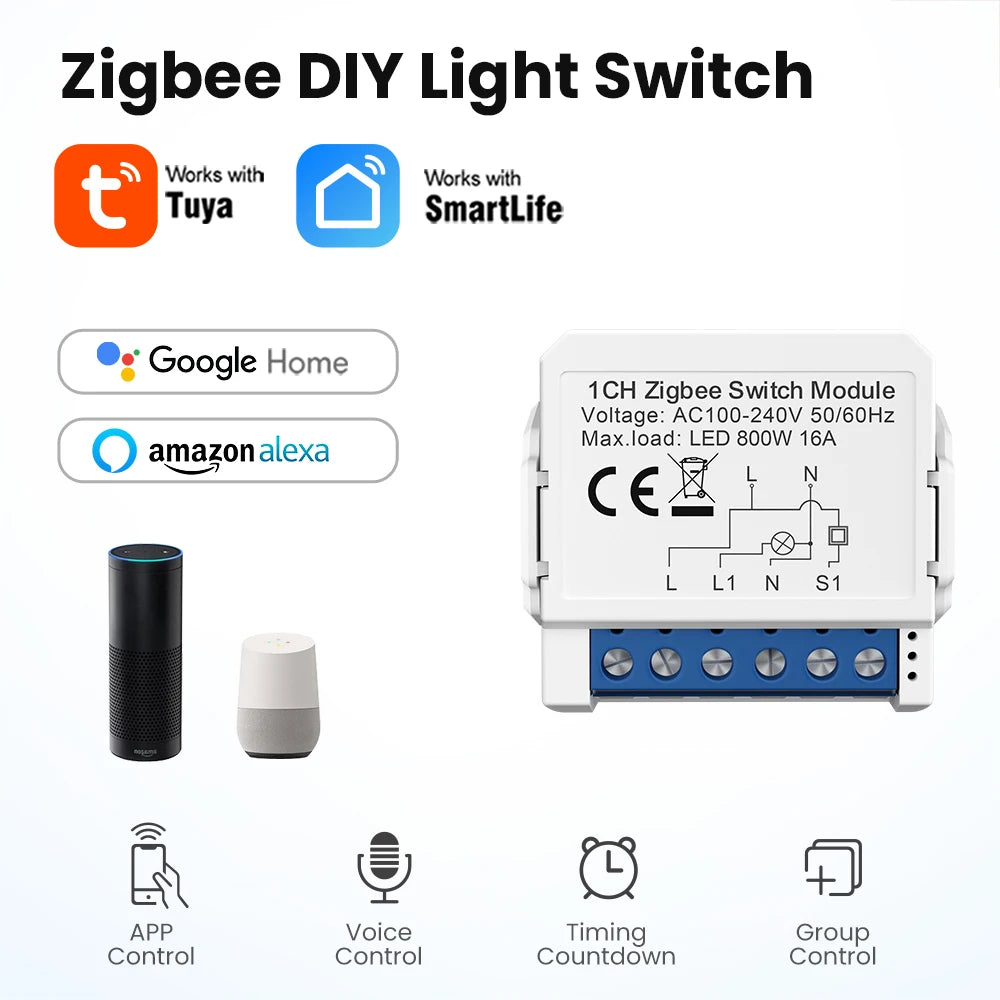 AVATTO Tuya WiFi Zigbee Smart Light Switch Module，Neutral Wire/No Neutral Wire Control DIY Breaker Work For Alexa, Google Home