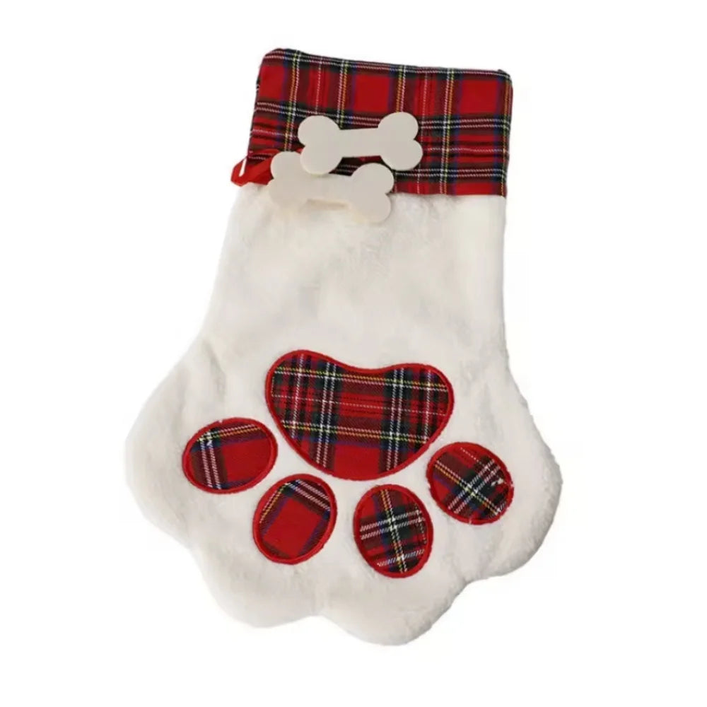 Christmas Socks New Year Decorations Buffalo Plaid Pet Stockings for Cats and Dogs Paw Pattern Hanging Pendant Toy Doll Gifts