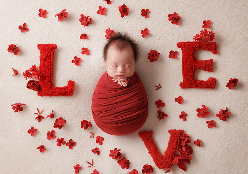KD Newborn Photography Props Red LOVE Theme Photo Set Stretch Wrap Artificial Flower Baby Shoot Decoration Studio Accessories