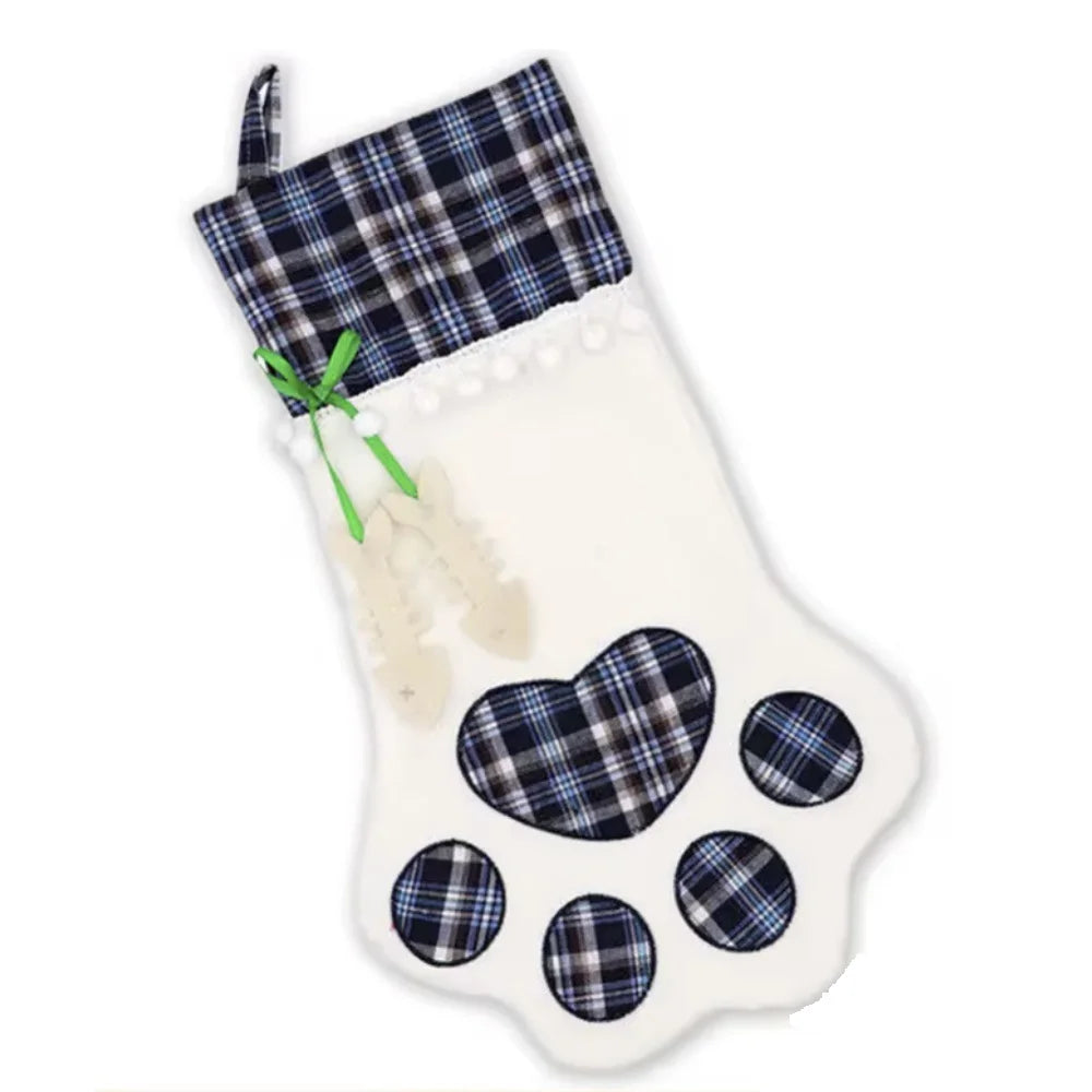 Christmas Socks New Year Decorations Buffalo Plaid Pet Stockings for Cats and Dogs Paw Pattern Hanging Pendant Toy Doll Gifts