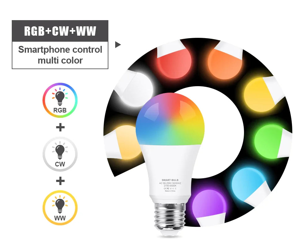 15W WiFi Smart Led Light Bulb E27 LED RGBCW Smart Bulb Voice Control Via Google Home Tuya Smart Life App Alexa RGB Lamp 110-220V