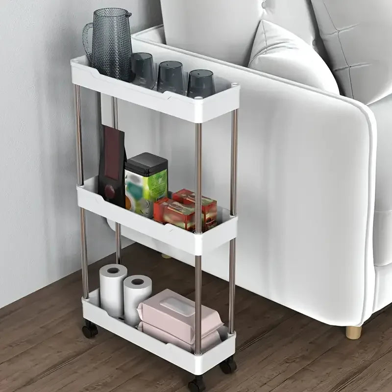 3-layer Ultra-thin Rolling Storage Cart Multi-function Storage Rack With Sliding Shelves Kitchen Bathroom Floor Mounted