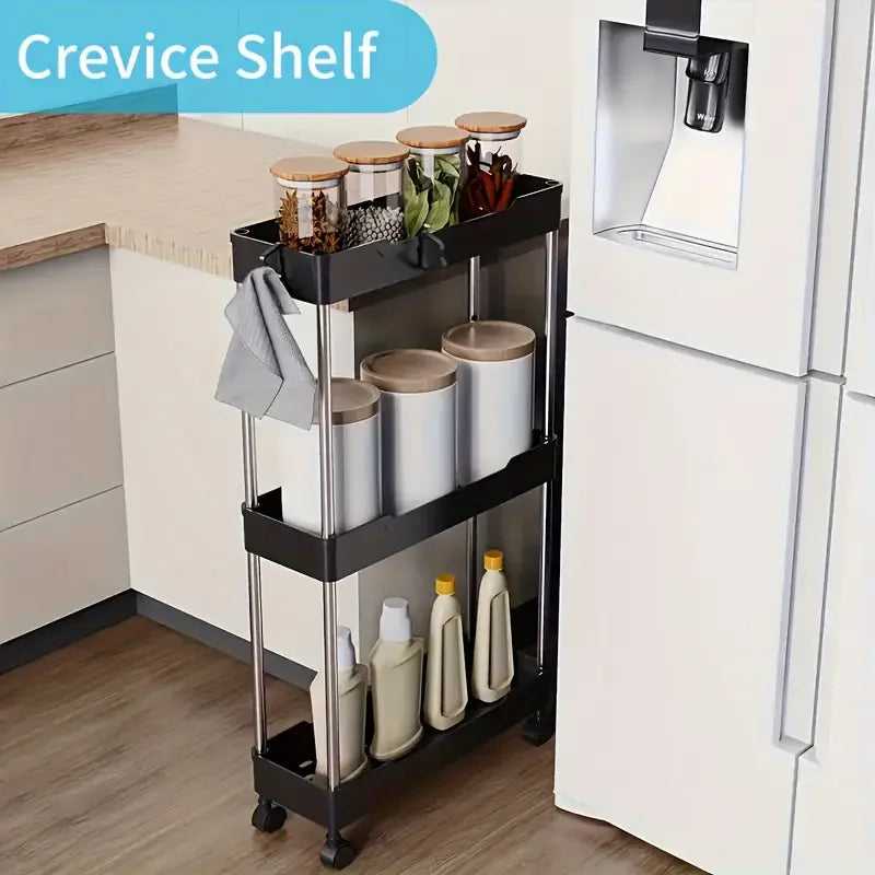 3-layer Ultra-thin Rolling Storage Cart Multi-function Storage Rack With Sliding Shelves Kitchen Bathroom Floor Mounted