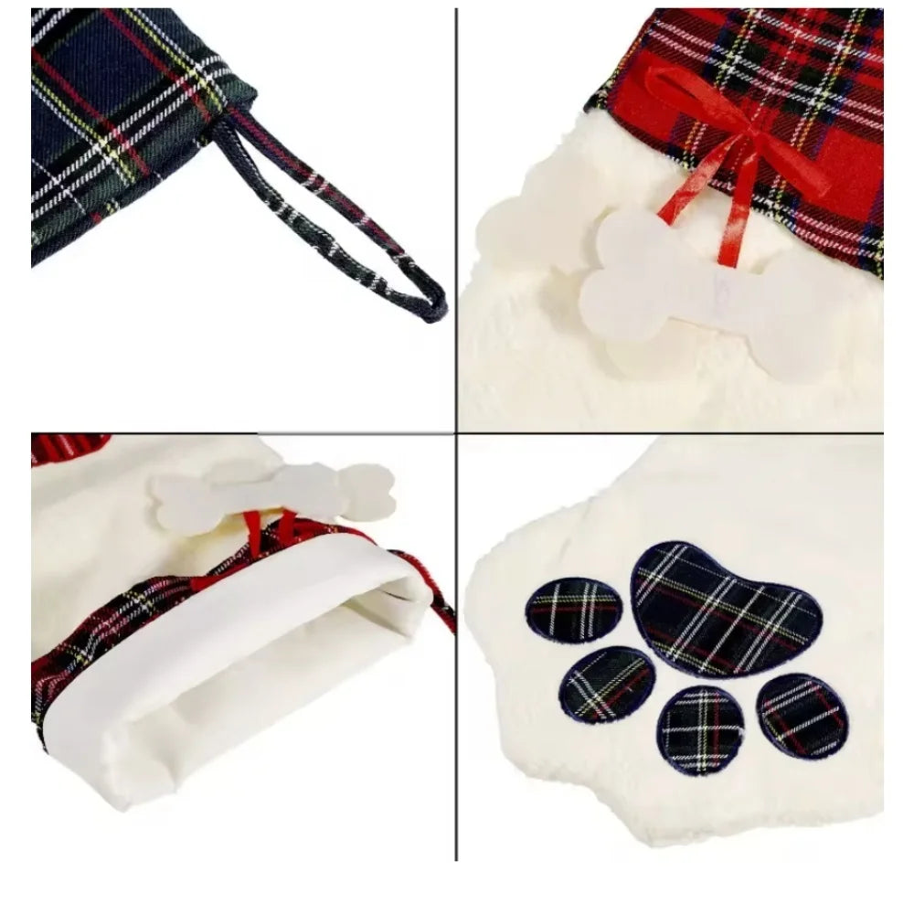 Christmas Socks New Year Decorations Buffalo Plaid Pet Stockings for Cats and Dogs Paw Pattern Hanging Pendant Toy Doll Gifts