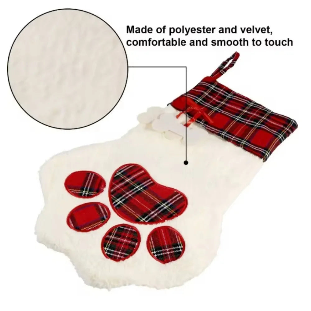 Christmas Socks New Year Decorations Buffalo Plaid Pet Stockings for Cats and Dogs Paw Pattern Hanging Pendant Toy Doll Gifts