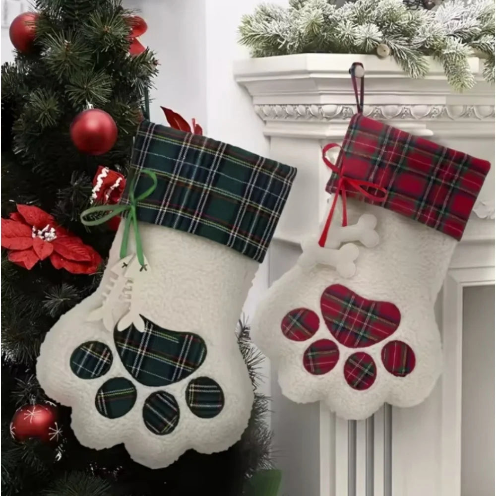 Christmas Socks New Year Decorations Buffalo Plaid Pet Stockings for Cats and Dogs Paw Pattern Hanging Pendant Toy Doll Gifts