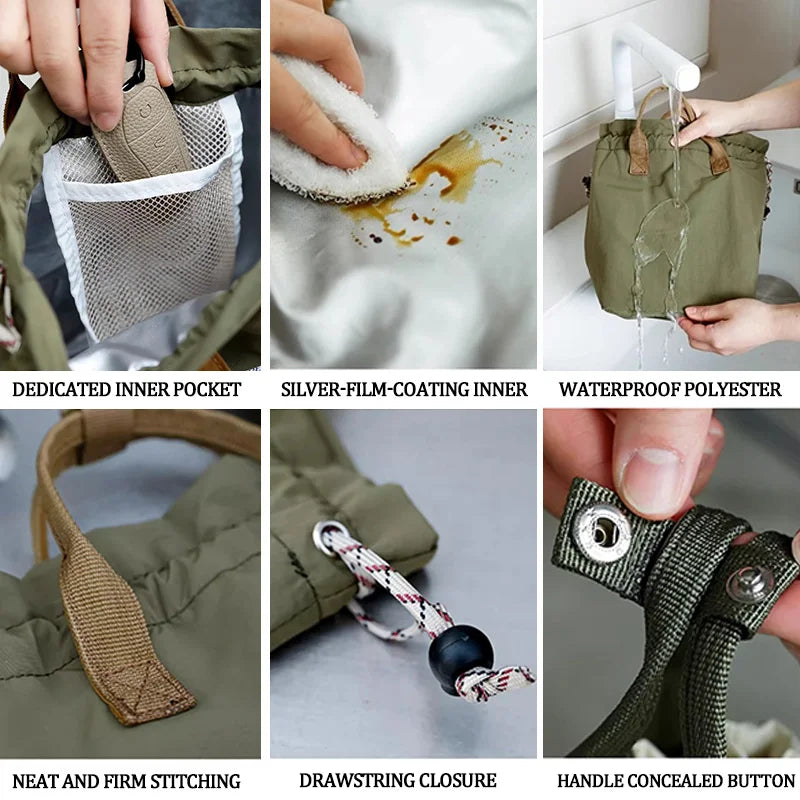 Large Capacity Insulation Waterproof Lunch Bag with Drawstring Closure Thickened Fruit Cooler Bento Bag for Picnic Handle Bag