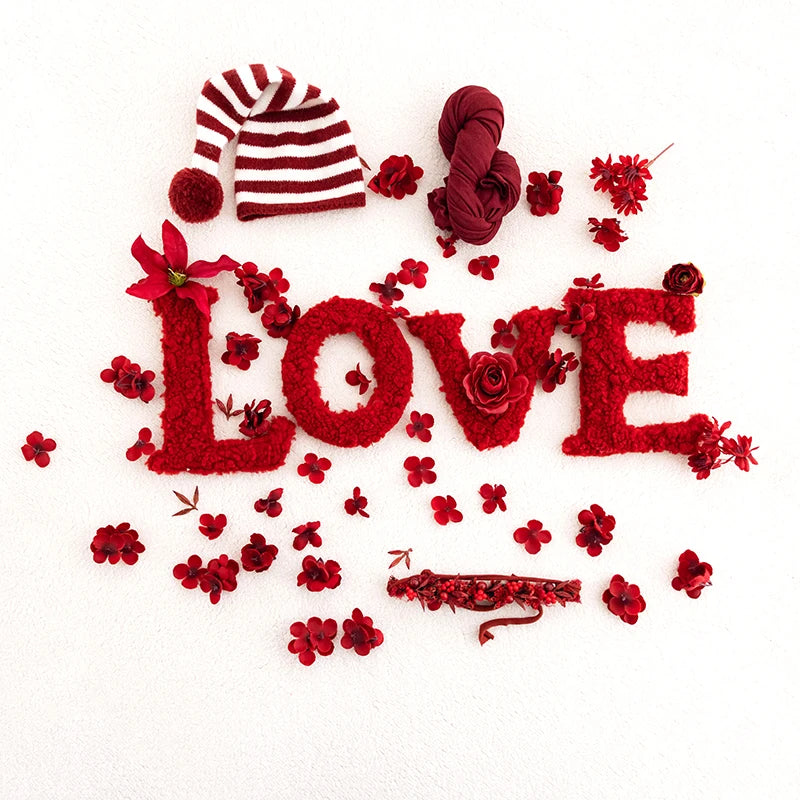 KD Newborn Photography Props Red LOVE Theme Photo Set Stretch Wrap Artificial Flower Baby Shoot Decoration Studio Accessories