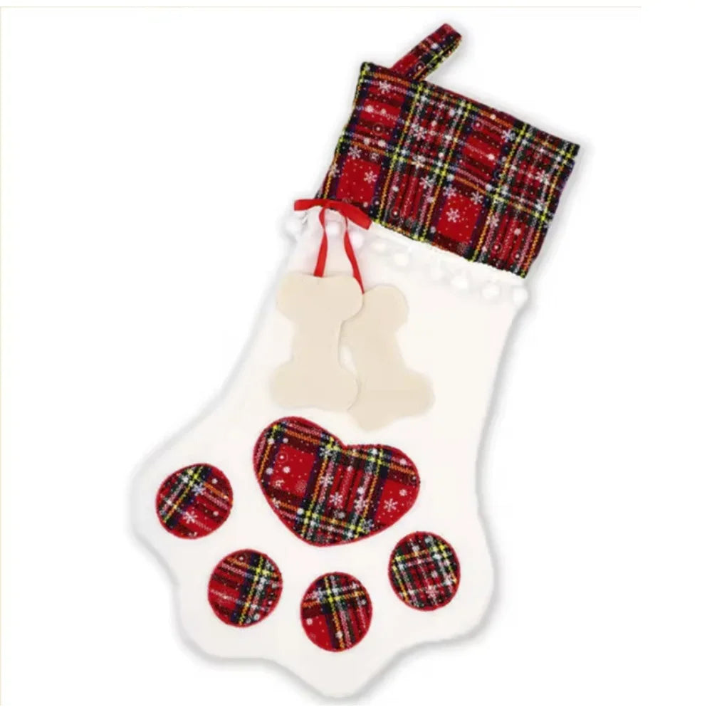 Christmas Socks New Year Decorations Buffalo Plaid Pet Stockings for Cats and Dogs Paw Pattern Hanging Pendant Toy Doll Gifts