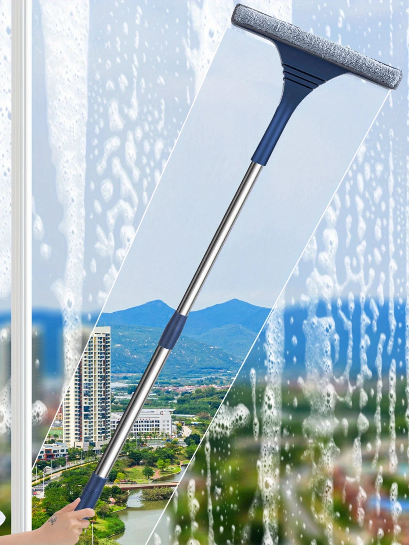 2 in 1 Window Mesh Screen Brush Dual-Sided Cleaning Blade Telescopic Long Handle Window Mop Squeegee Wiper for Home Cleaning