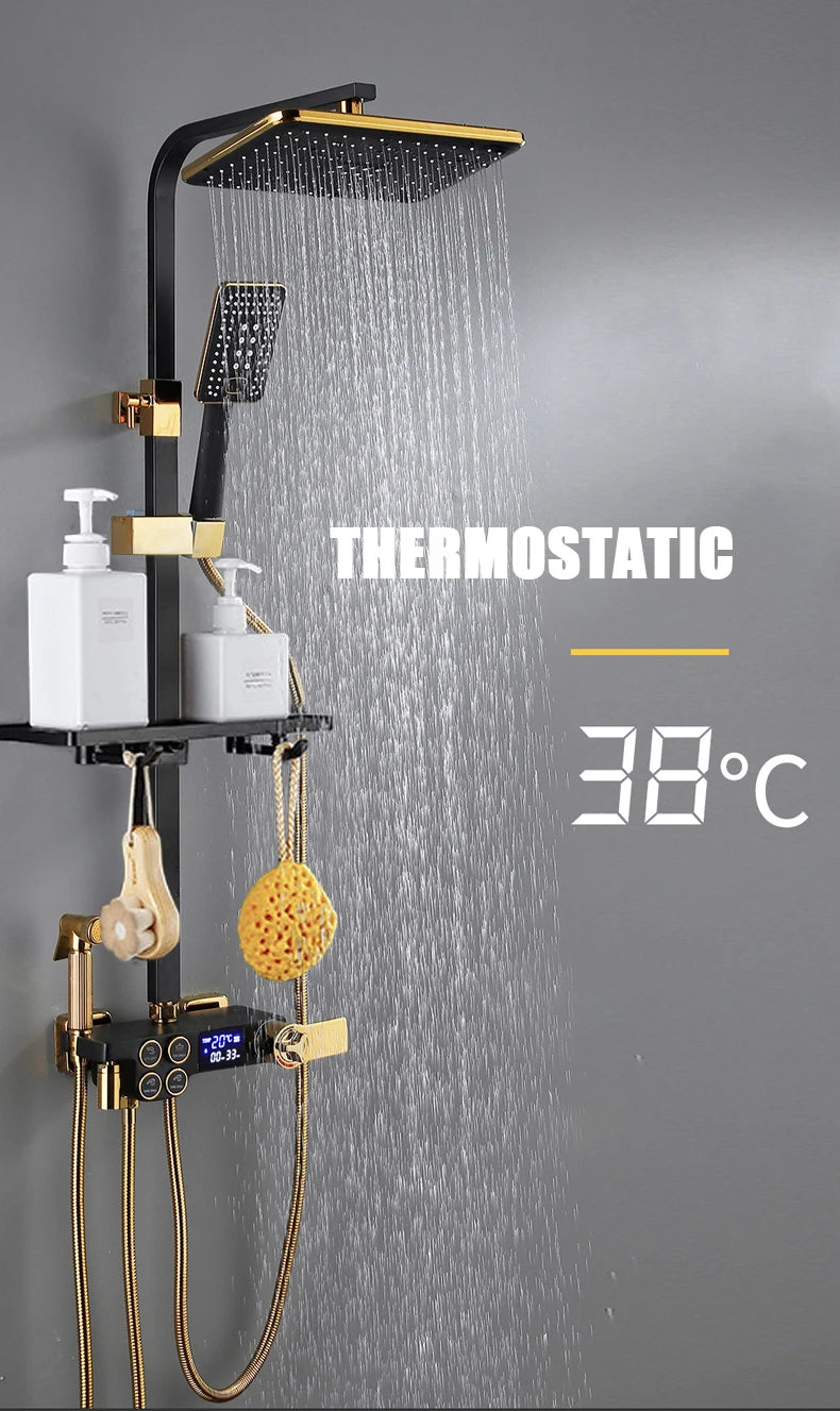 Hot Cold Shower System Bathroom LED Digital Shower Set Wall Mount Smart Thermostatic Bath Faucet Square Head SPA Rainfall Grifo