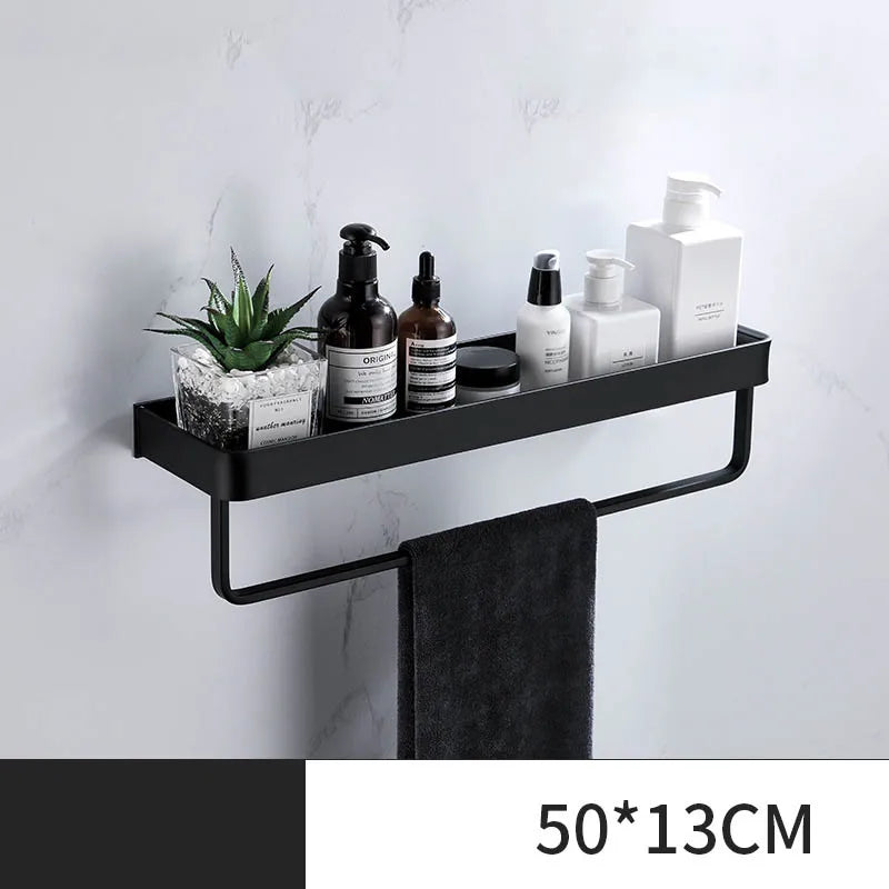 ULA Bathroom Shelf 30/40/50cm Kitchen Wall Shelf Metal Shower Holder Sticker Rack Towel Bar Robe Hooks Bathroom Black Hooks
