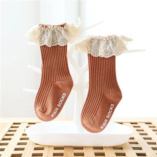 Lawadka Newborn Baby Girl Socks Lace Baby Knee Socks Anti Slip Cotton Socks for Girls Princess Long Autumn Winter Stockings 0-3T