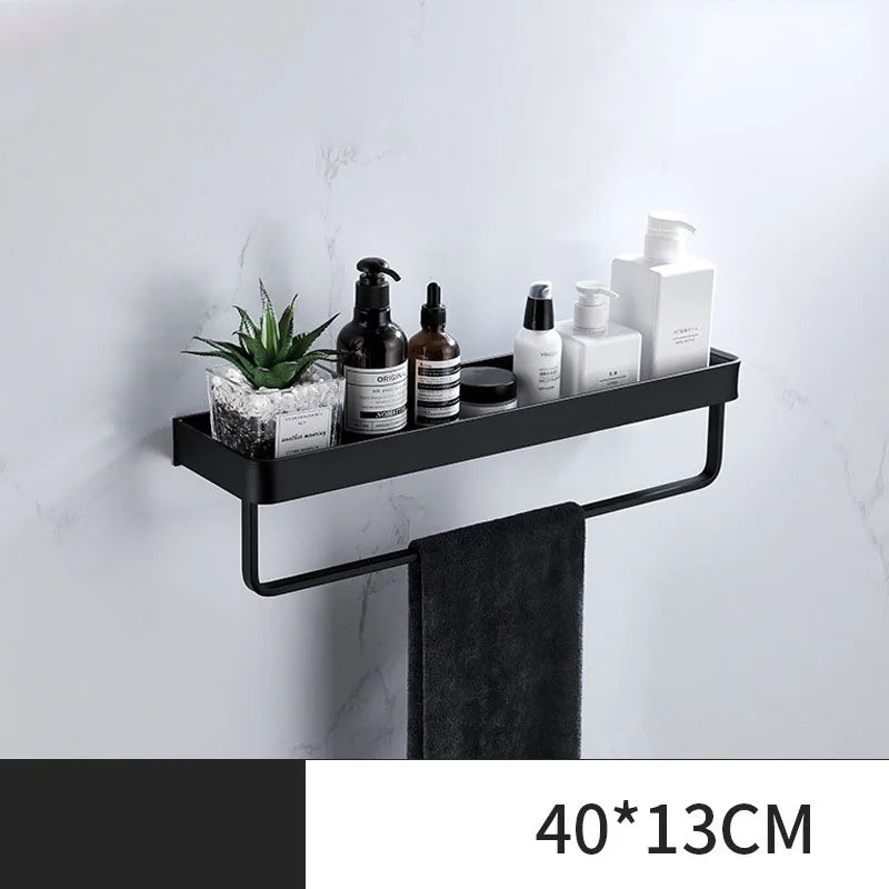 ULA Bathroom Shelf 30/40/50cm Kitchen Wall Shelf Metal Shower Holder Sticker Rack Towel Bar Robe Hooks Bathroom Black Hooks