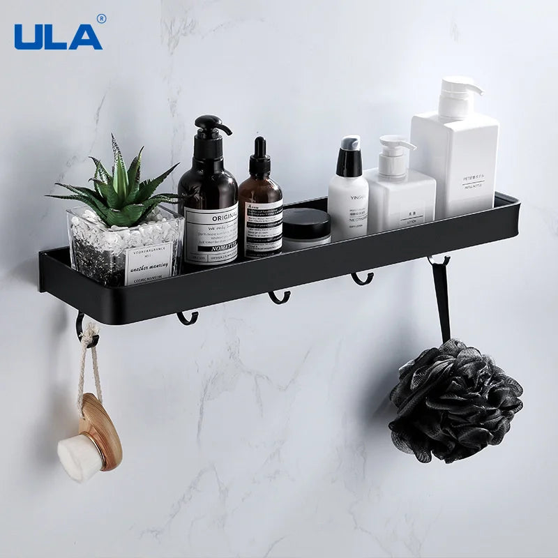ULA Bathroom Shelf 30/40/50cm Kitchen Wall Shelf Metal Shower Holder Sticker Rack Towel Bar Robe Hooks Bathroom Black Hooks