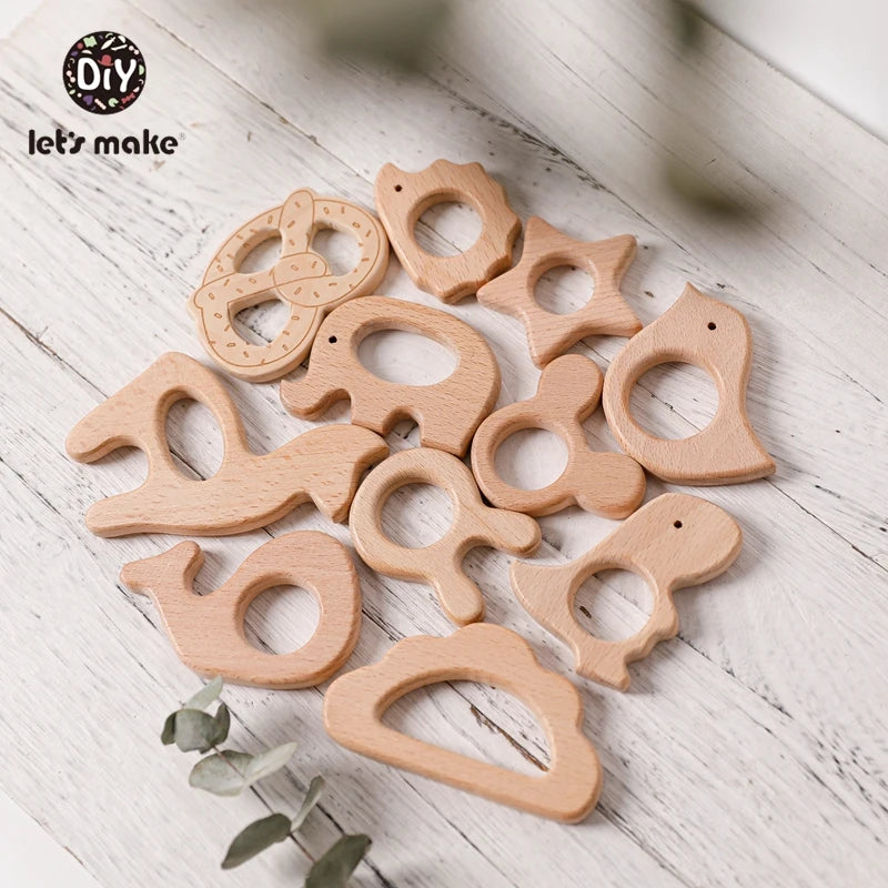 Let's Make 5pcs Wholesale Wooden Teether Rodent Pacifier Pendant Wooden Toys DIY Baby Necklace Gift BPA Free Beech Hedgehog Bird