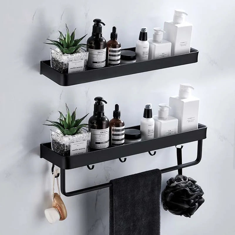 ULA Bathroom Shelf 30/40/50cm Kitchen Wall Shelf Metal Shower Holder Sticker Rack Towel Bar Robe Hooks Bathroom Black Hooks