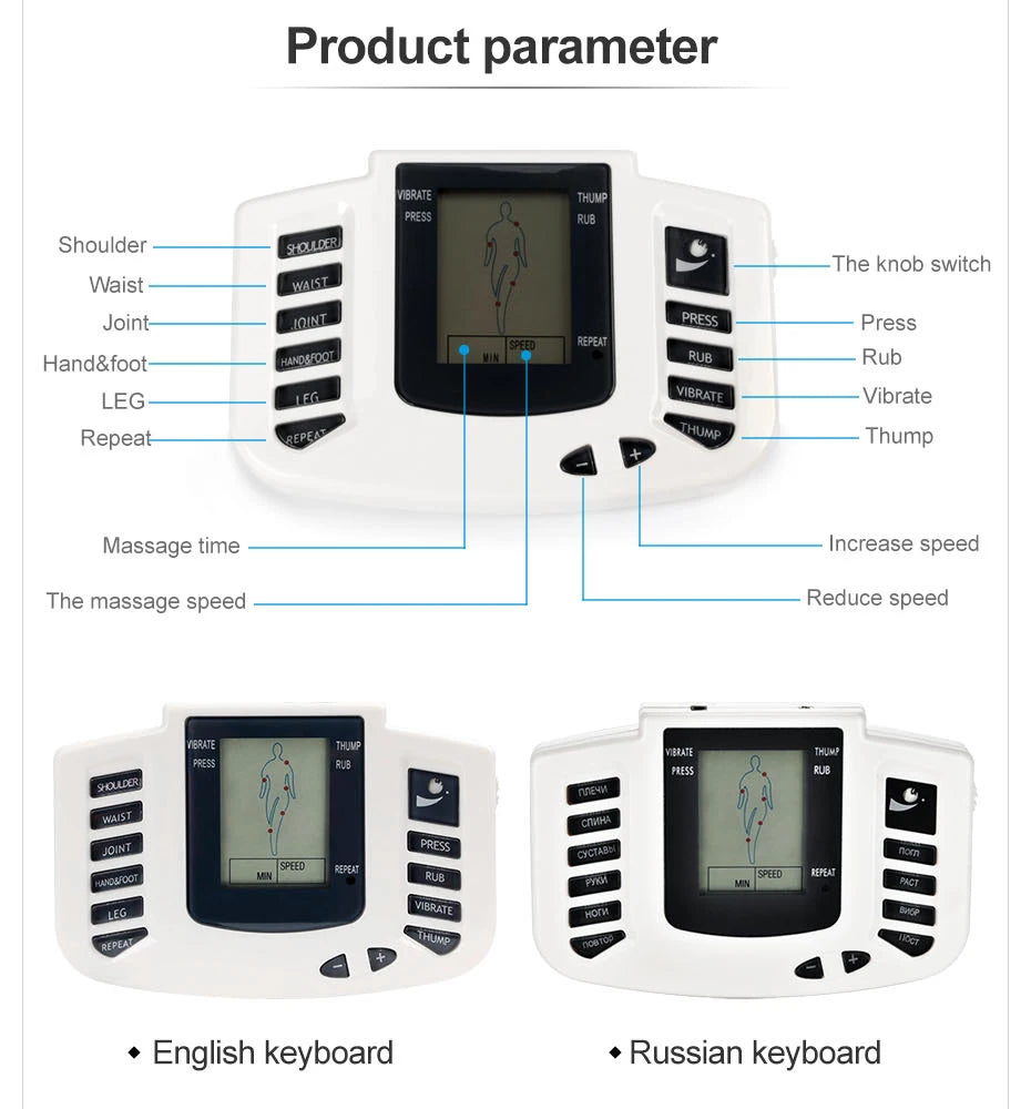 JR309 EMS Tens Massage Unit +16 Pads Russian Electrical Pulse Acupuncture Full Body Relax Muscle Massager Stimulator