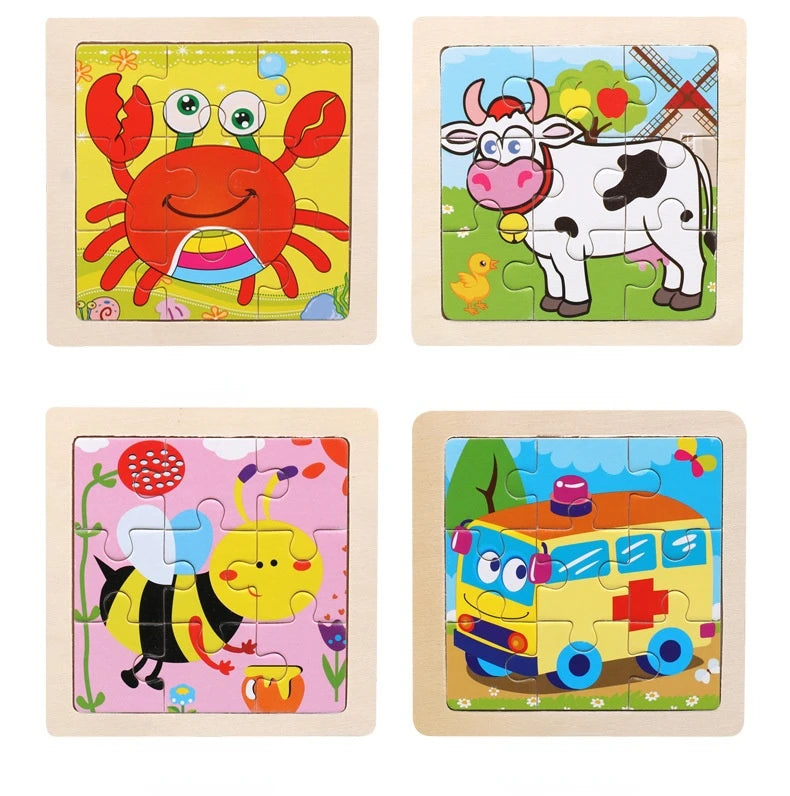 11cm/4.33in Kids Wooden Jigsaw Puzzle Games Cartoon Animal Vehicle Pattern Children Montessori Educational Toys