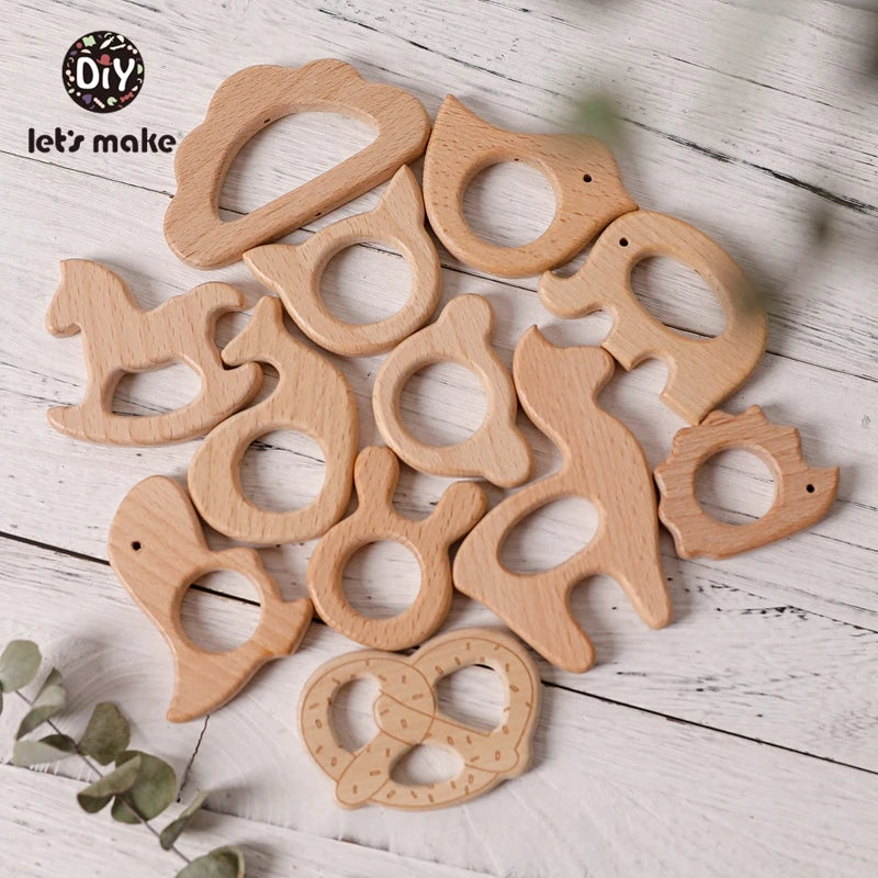 Let's Make 5pcs Wholesale Wooden Teether Rodent Pacifier Pendant Wooden Toys DIY Baby Necklace Gift BPA Free Beech Hedgehog Bird