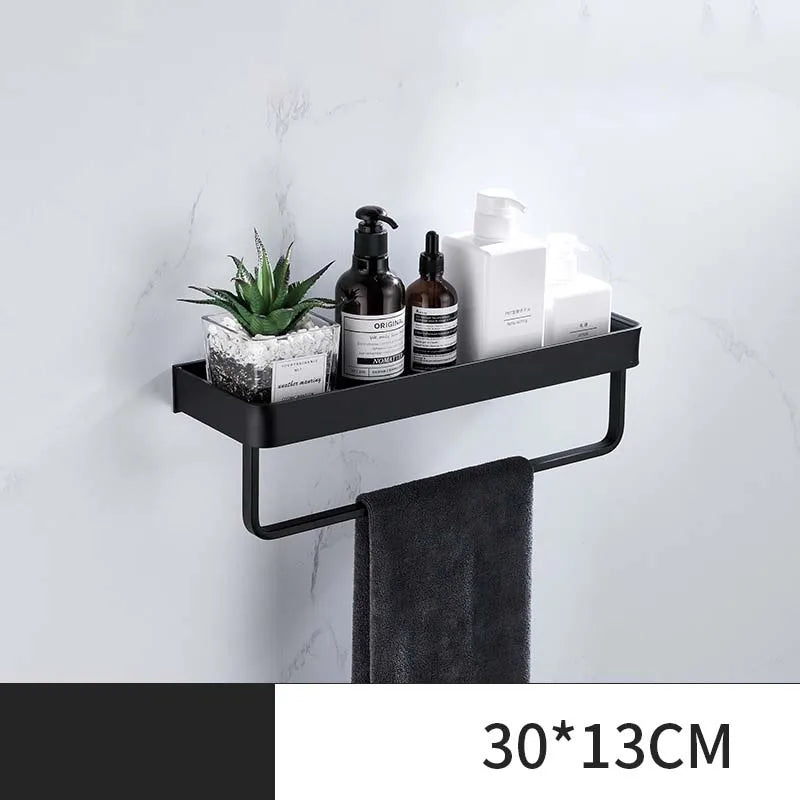 ULA Bathroom Shelf 30/40/50cm Kitchen Wall Shelf Metal Shower Holder Sticker Rack Towel Bar Robe Hooks Bathroom Black Hooks