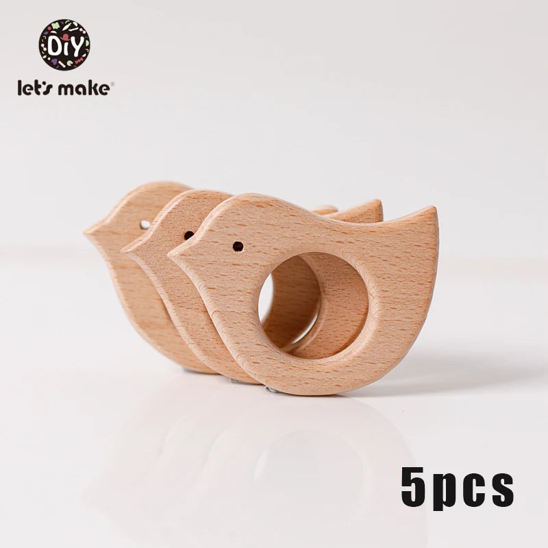 Let's Make 5pcs Wholesale Wooden Teether Rodent Pacifier Pendant Wooden Toys DIY Baby Necklace Gift BPA Free Beech Hedgehog Bird