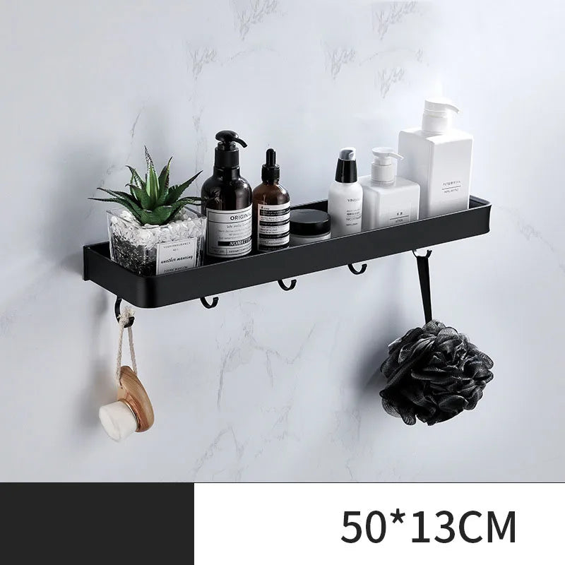 ULA Bathroom Shelf 30/40/50cm Kitchen Wall Shelf Metal Shower Holder Sticker Rack Towel Bar Robe Hooks Bathroom Black Hooks