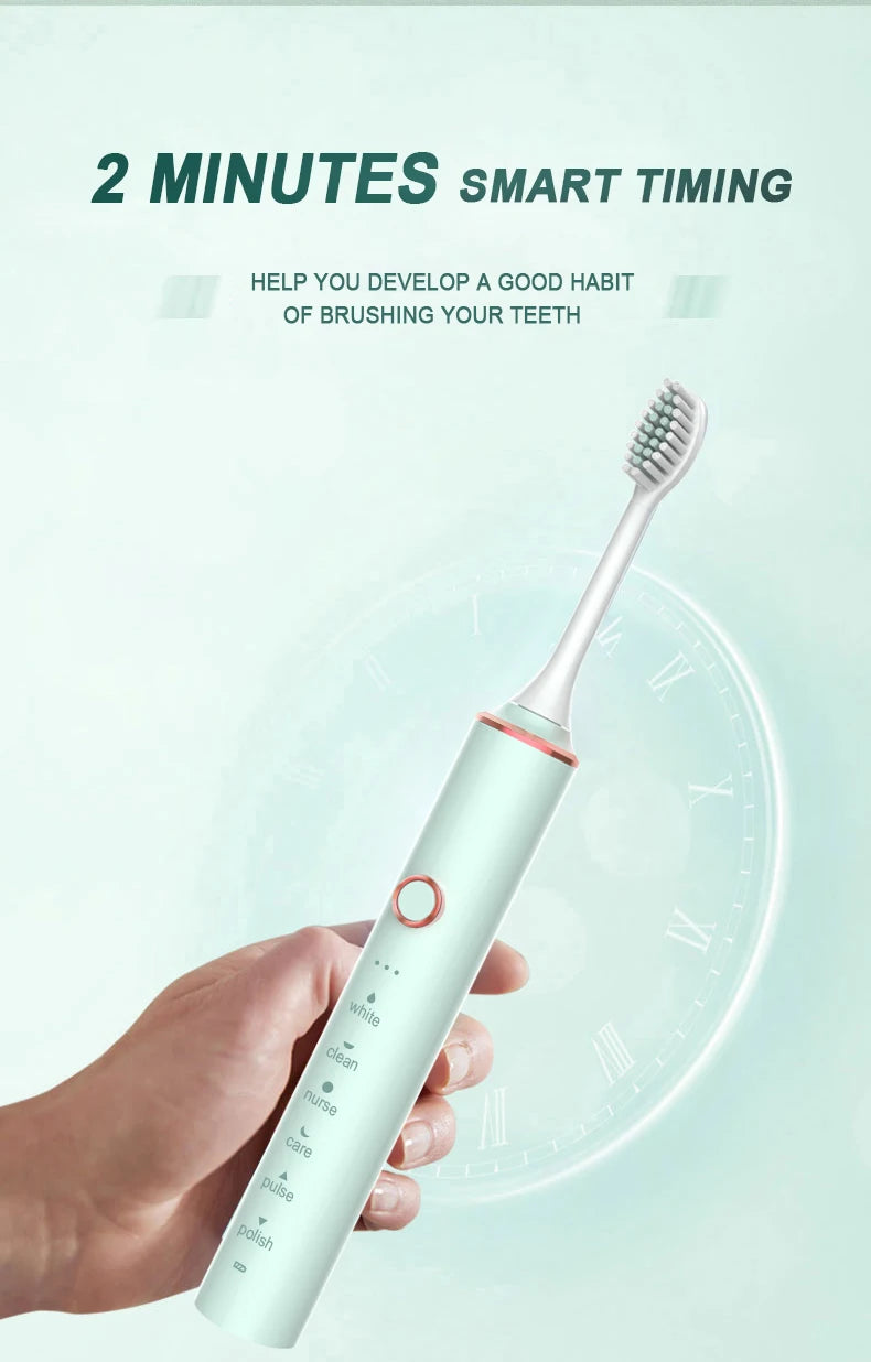 New N100 Sonic Electric Toothbrush Adult Timer Brush 6 Mode USB Charger Rechargeable Tooth Brushes Replacement Heads Set