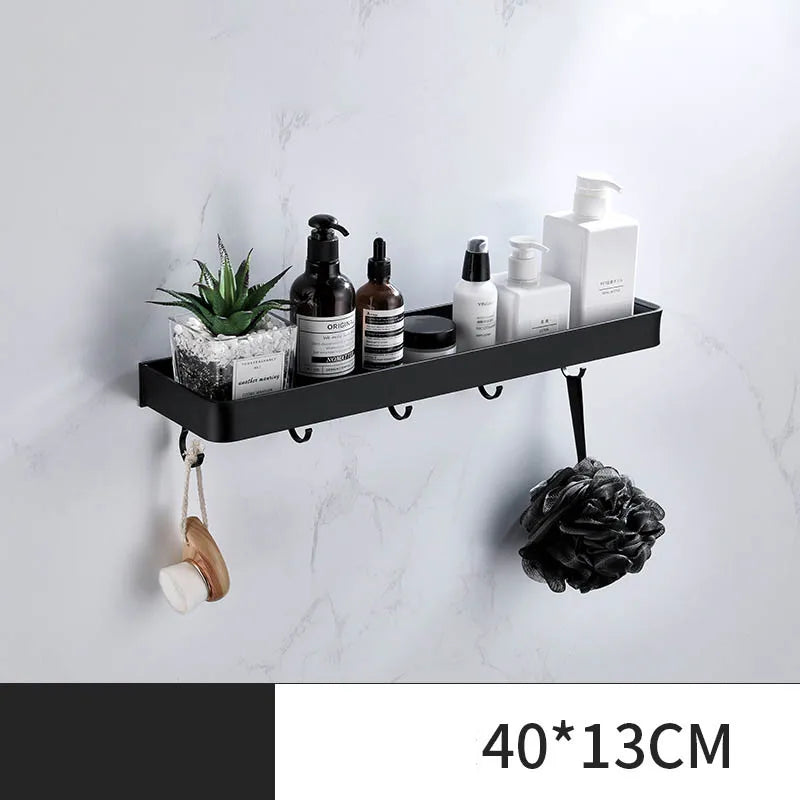 ULA Bathroom Shelf 30/40/50cm Kitchen Wall Shelf Metal Shower Holder Sticker Rack Towel Bar Robe Hooks Bathroom Black Hooks