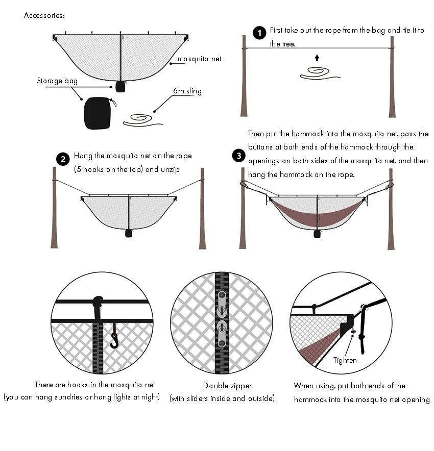 Hammock Bug Netting, 210T Nylon Mesh, with Drawstring Bag, 6 Meters Rope, Double Sided Zipper Camping Hammock Mosquito Netting