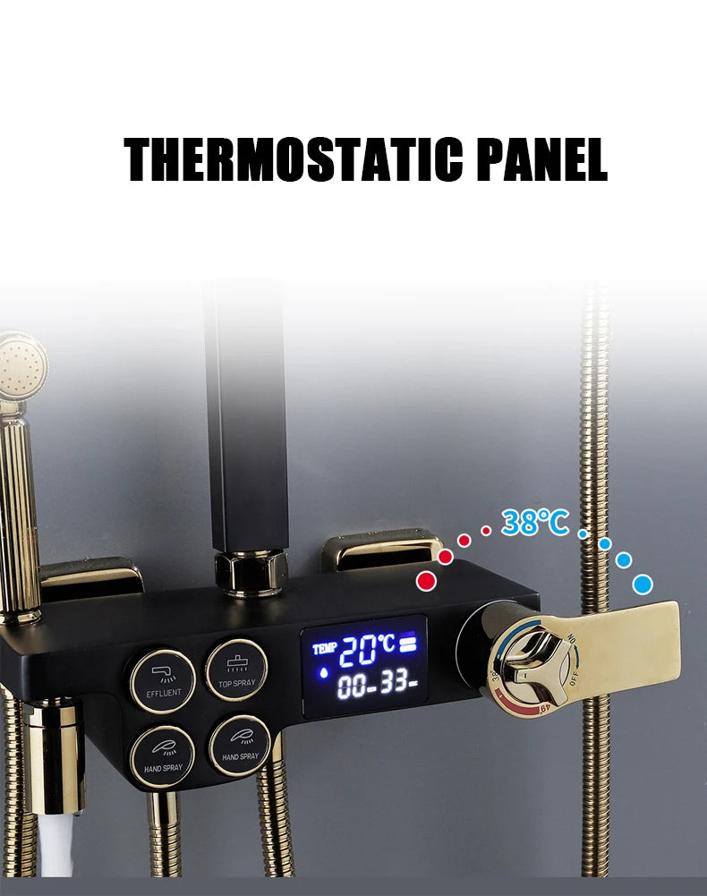 Hot Cold Shower System Bathroom LED Digital Shower Set Wall Mount Smart Thermostatic Bath Faucet Square Head SPA Rainfall Grifo