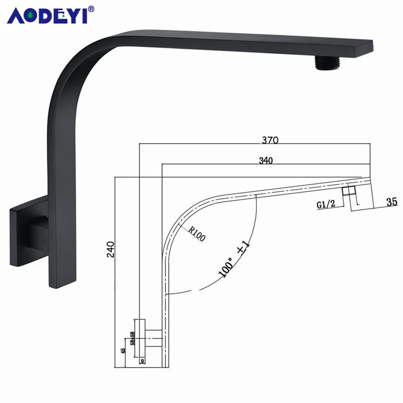 AODEYI Brass Extension Gooseneck Square Wall Mount Shower Arm Ultrathin Bathroom Shower Head Set