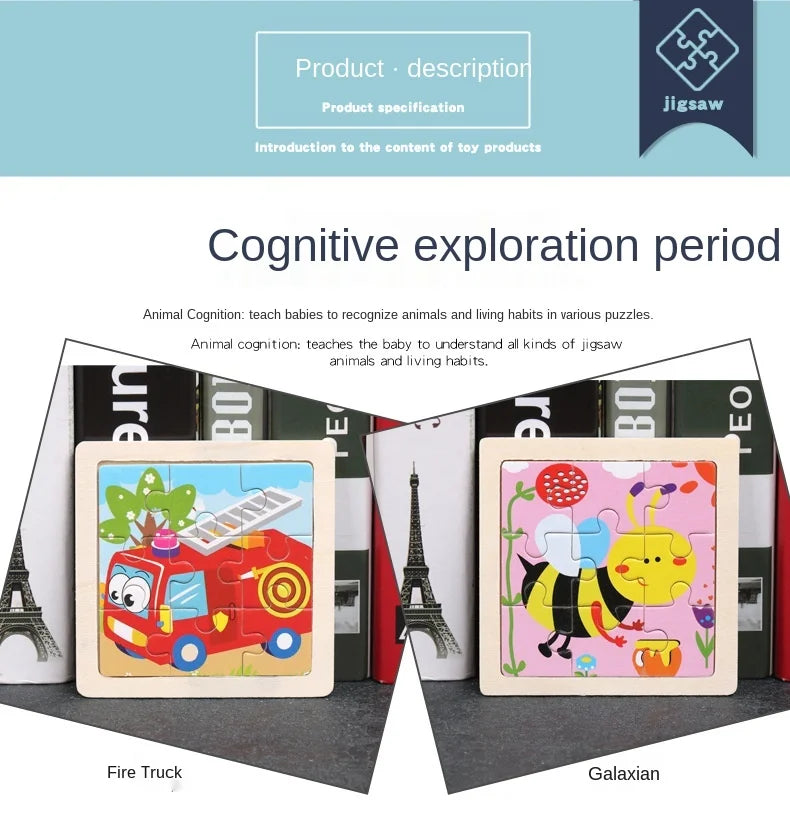 11cm/4.33in Kids Wooden Jigsaw Puzzle Games Cartoon Animal Vehicle Pattern Children Montessori Educational Toys