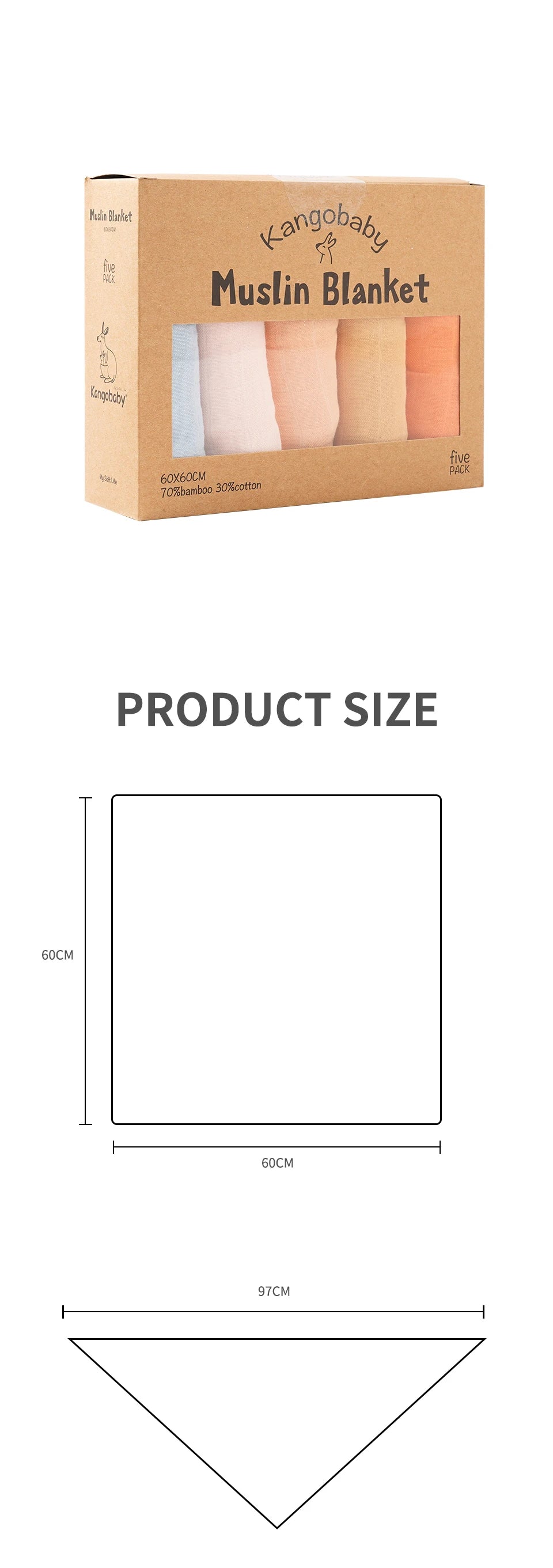 Kangobaby #My Soft Life# 5 Pieces Pack Multi-Functional Bamboo Cotton Muslin Blanket Baby Burp Cloth Set