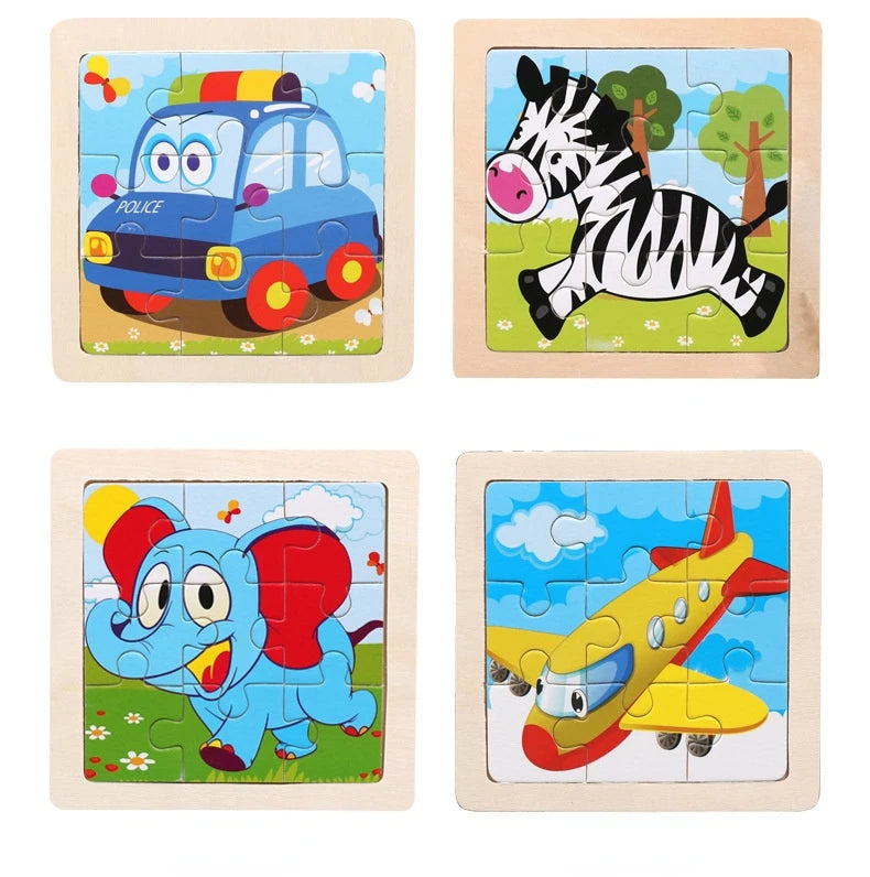 11cm/4.33in Kids Wooden Jigsaw Puzzle Games Cartoon Animal Vehicle Pattern Children Montessori Educational Toys