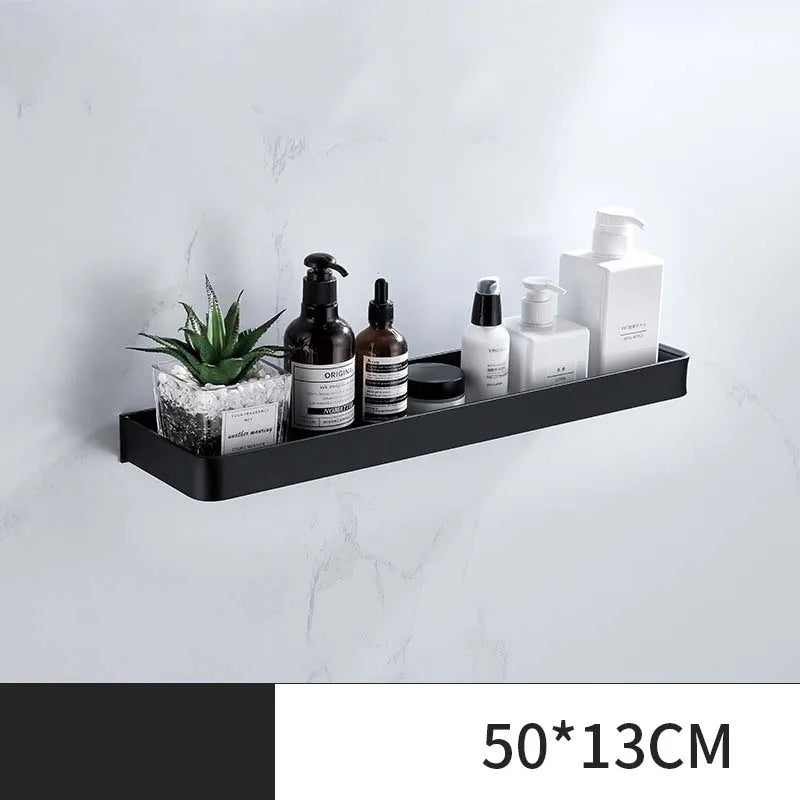 ULA Bathroom Shelf 30/40/50cm Kitchen Wall Shelf Metal Shower Holder Sticker Rack Towel Bar Robe Hooks Bathroom Black Hooks